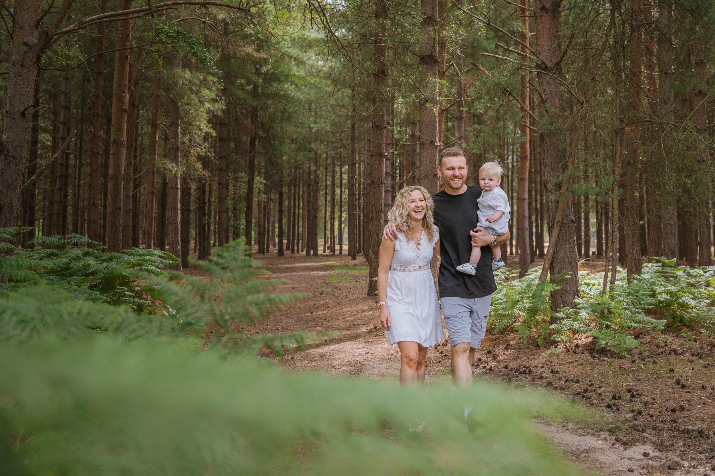 Family walking a sunlit woodland path